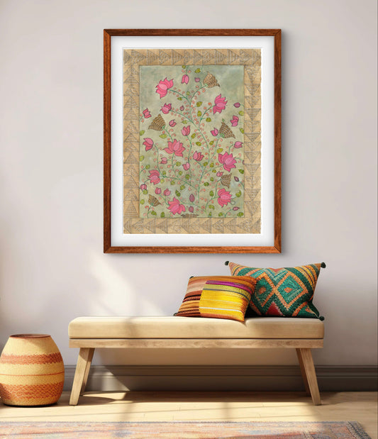 Madhubani Floral Vintage Art Print-Traditional Indian Folk Art I ZenS Art"