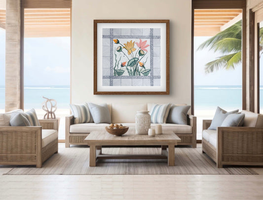 "Lotus Pond Abstract Line Art - Modern Geometric Flower Print - ZenS Art"