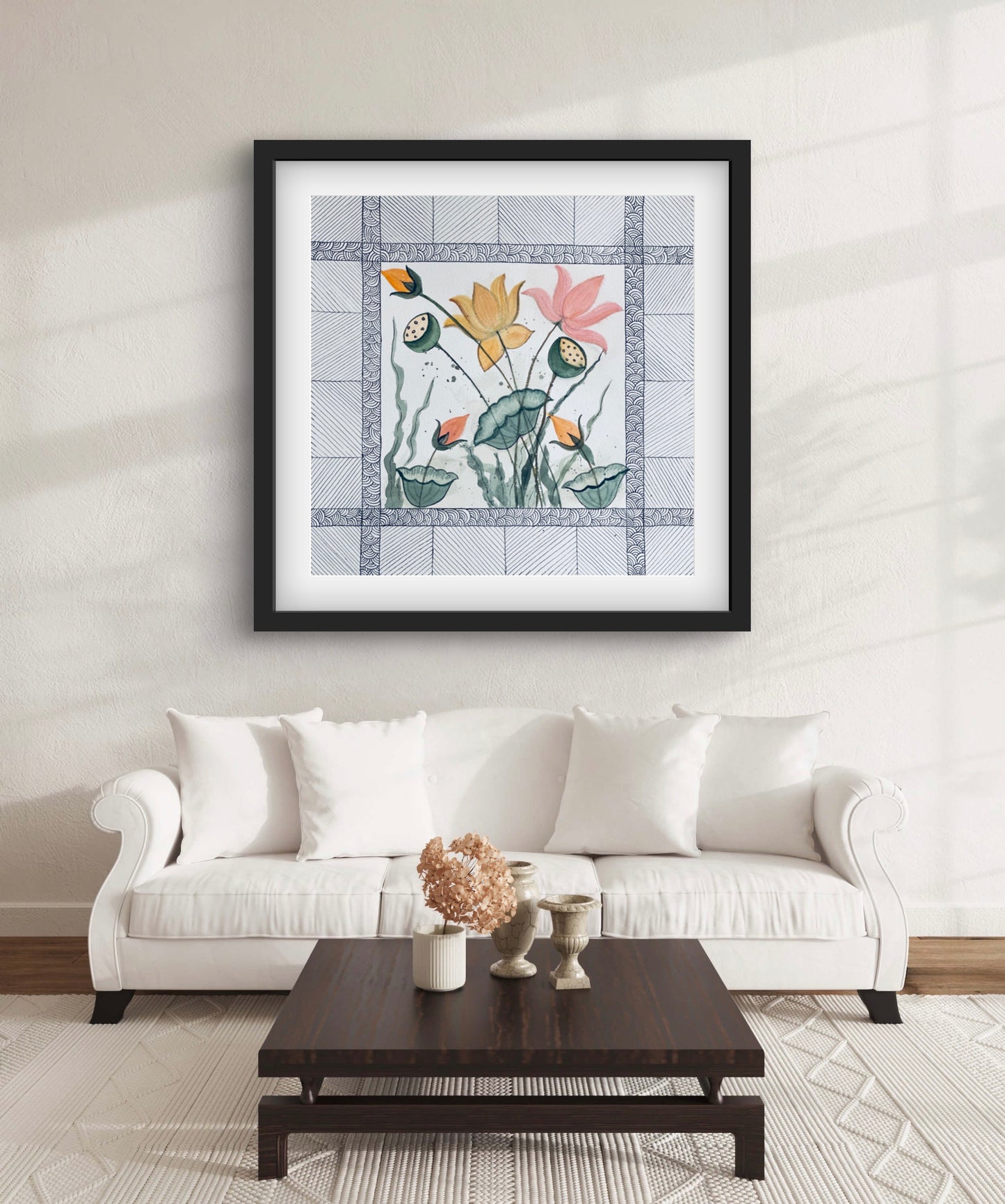 "Lotus Pond Abstract Line Art - Modern Geometric Flower Print - ZenS Art"