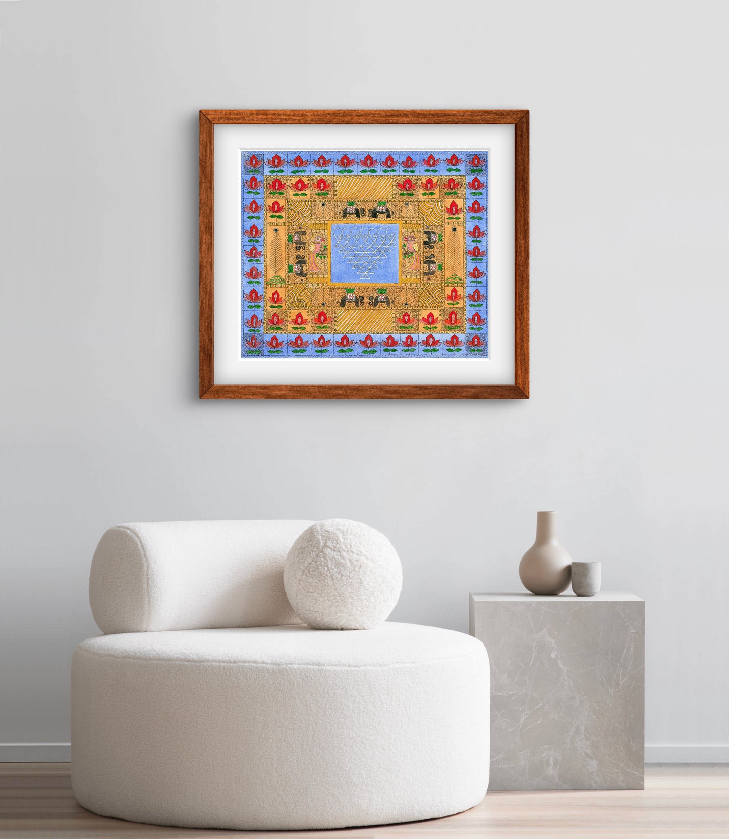 "Madhubani Godna with Saraswati Yantra - Traditional Indian Folk Art | ZenS Art"