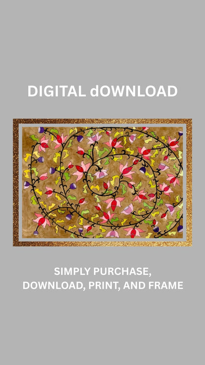 Vintage Madhubani Floral Printable | Indian Folk Art | Lotus Wall Art | Instant Download
