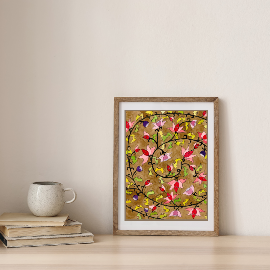 Vintage Madhubani Floral Printable | Indian Folk Art | Lotus Wall Art | Instant Download
