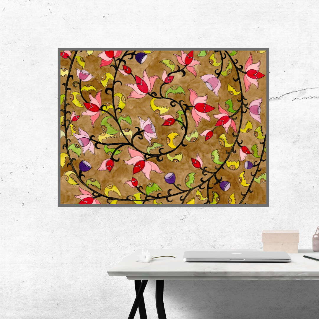Vintage Madhubani Floral Printable | Indian Folk Art | Lotus Wall Art | Instant Download