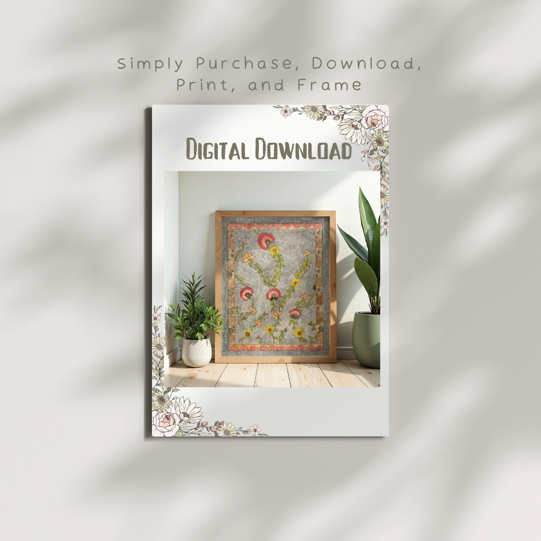 Vintage Madhubani Floral Printable | Indian Folk Art | Botanical Wall Art