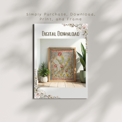 Vintage Madhubani Floral Printable | Indian Folk Art | Botanical Wall Art