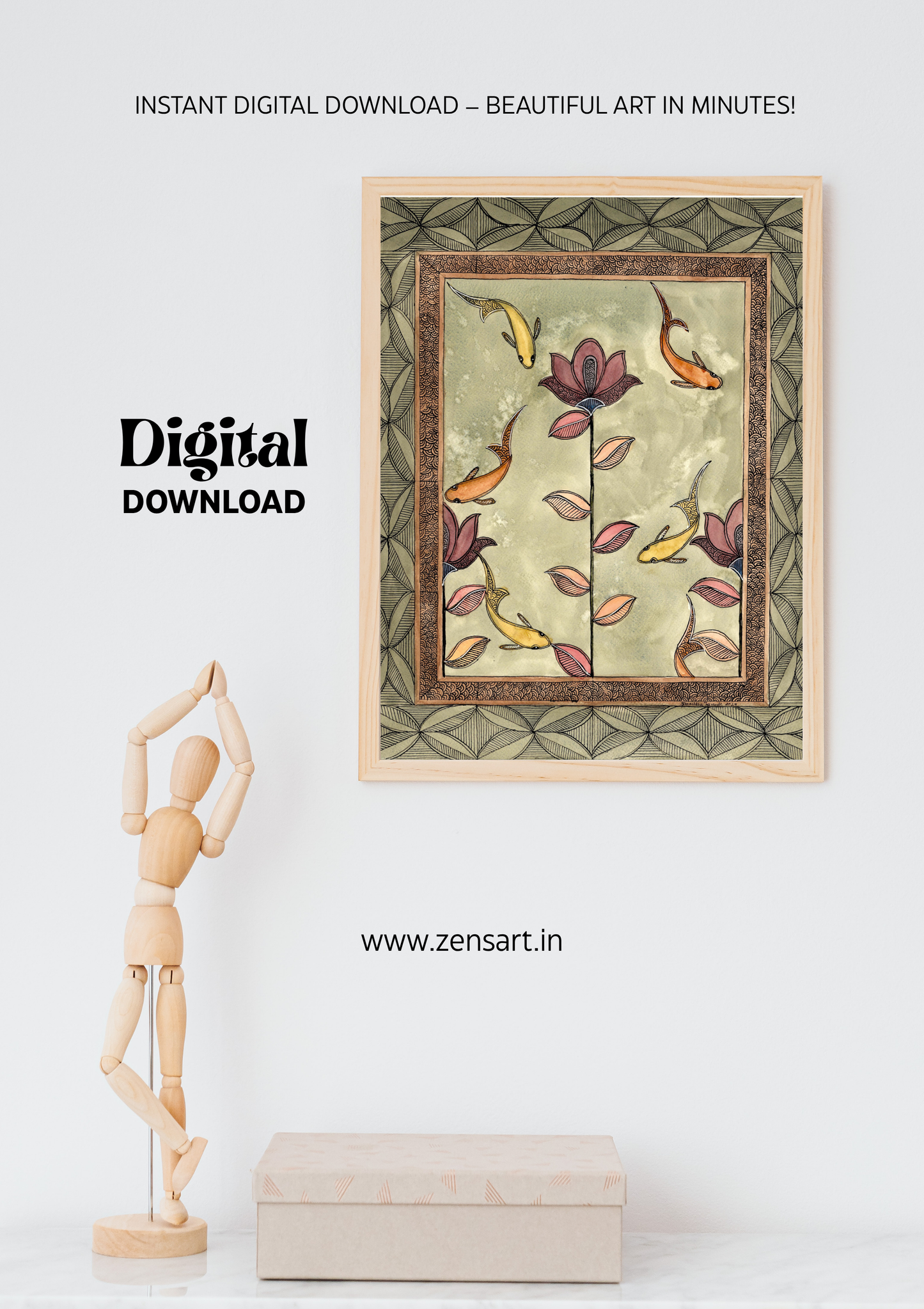 Koi Lotus Madhubani Printable Wall Art I Digital Download