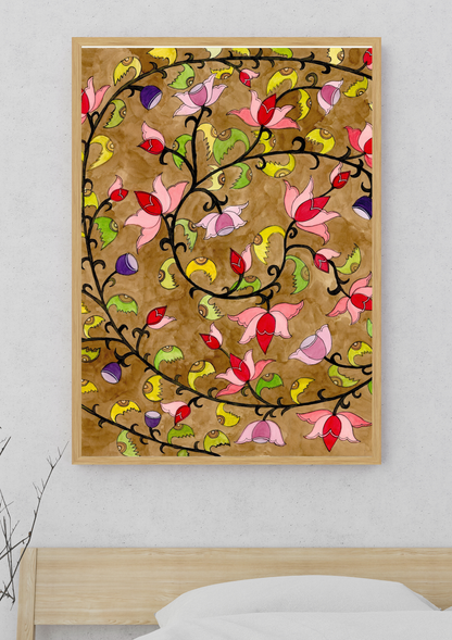 Vintage Madhubani Floral Printable | Indian Folk Art | Lotus Wall Art | Instant Download