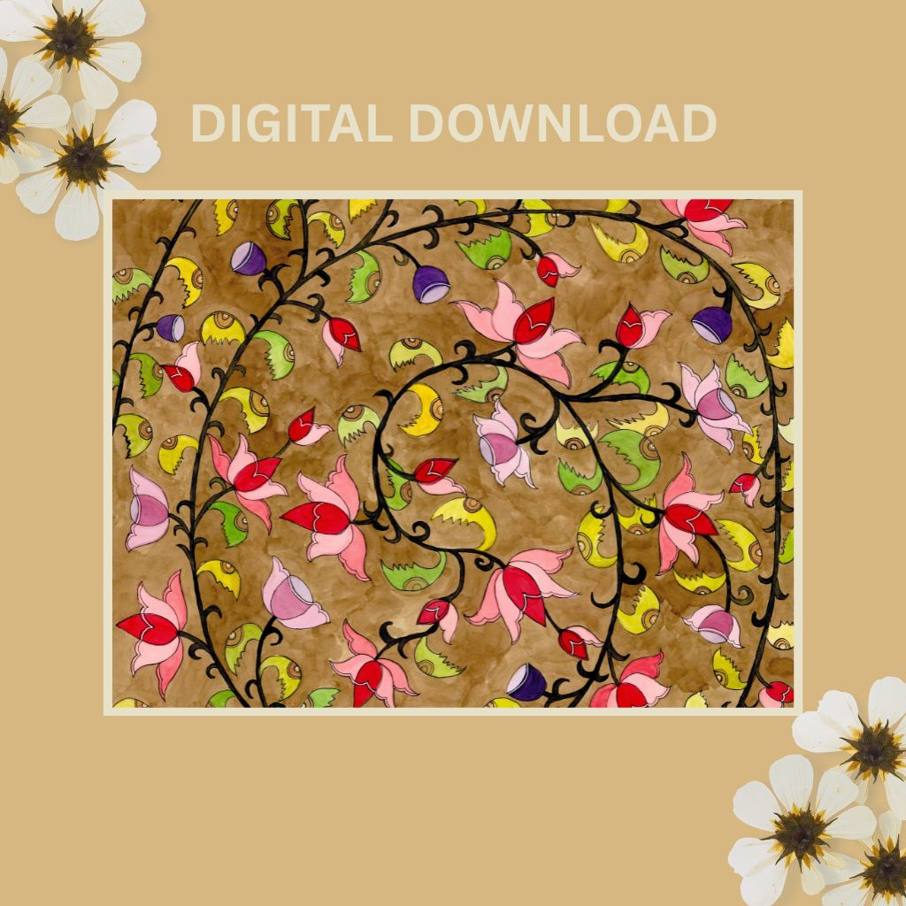 Vintage Madhubani Floral Printable | Indian Folk Art | Lotus Wall Art | Instant Download