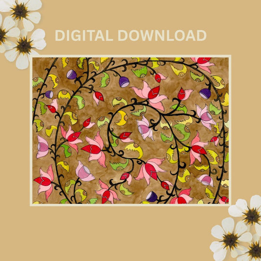 Vintage Madhubani Floral Printable | Indian Folk Art | Lotus Wall Art | Instant Download