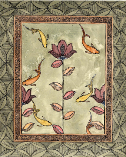 Koi Lotus Madhubani Printable Wall Art I Digital Download