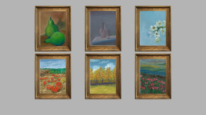 Set of 6 Oil Painting Wall Art Prints, Printable Landscape & Floral Art, Vintage Nature Decor, Digital Download