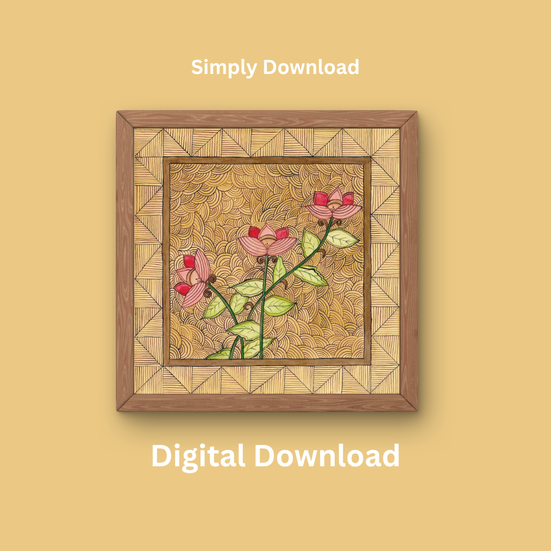 Lotus Madhubani Wall Art Printable | Indian Folk Art Digital Download