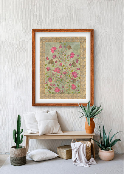 Madhubani Floral Vintage Art Print-Traditional Indian Folk Art I ZenS Art"