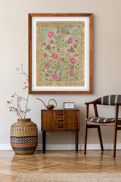 Madhubani Floral Vintage Art Print-Traditional Indian Folk Art I ZenS Art"