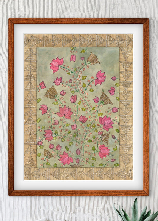 Madhubani Floral Vintage Art Print-Traditional Indian Folk Art I ZenS Art"