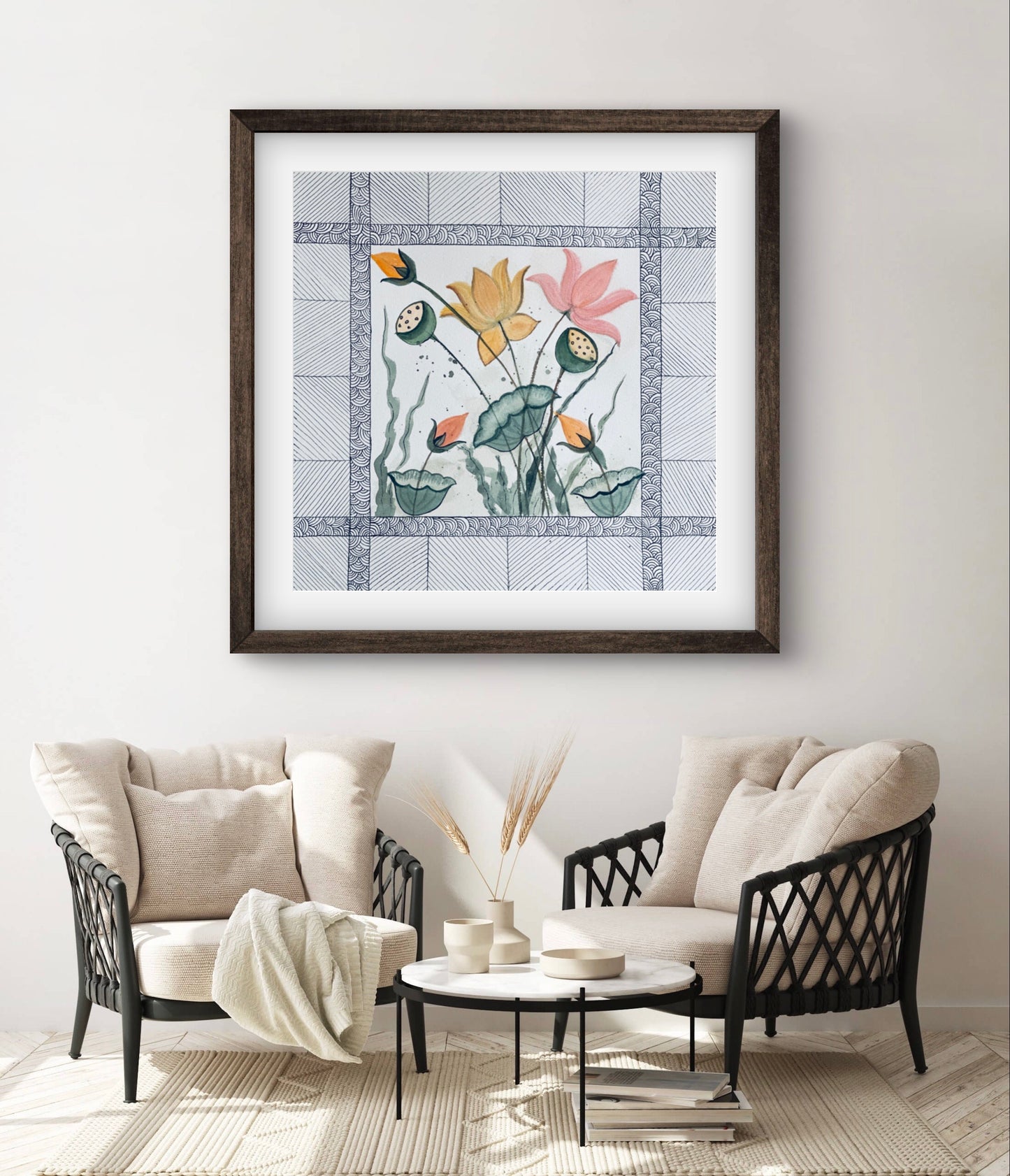 "Lotus Pond Abstract Line Art - Modern Geometric Flower Print - ZenS Art"