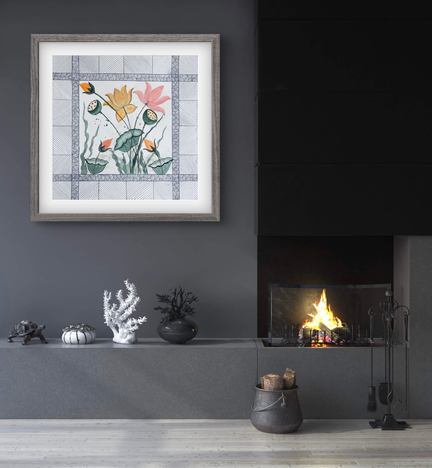 "Lotus Pond Abstract Line Art - Modern Geometric Flower Print - ZenS Art"