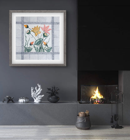 "Lotus Pond Abstract Line Art - Modern Geometric Flower Print - ZenS Art"