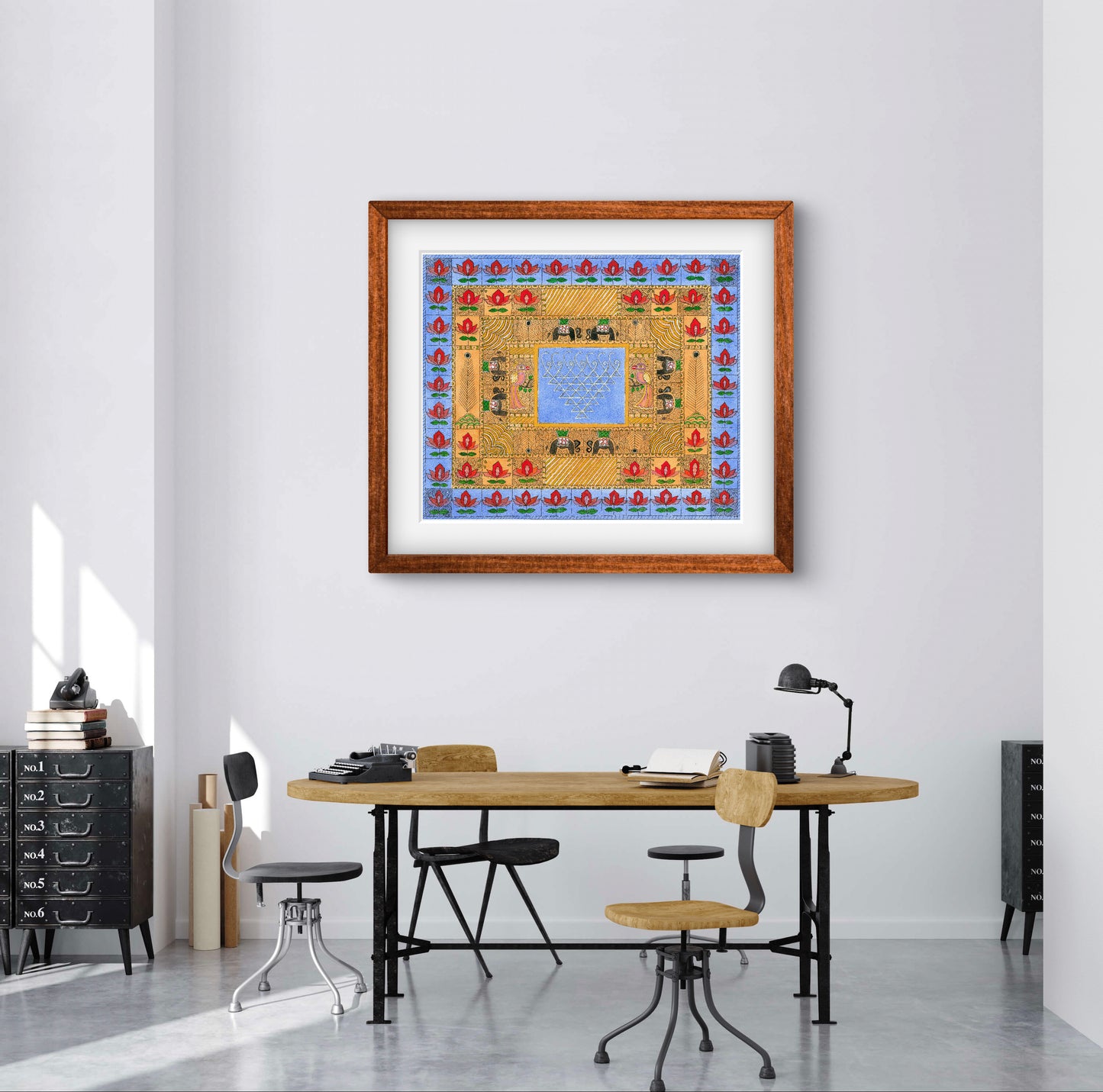 "Madhubani Godna with Saraswati Yantra - Traditional Indian Folk Art | ZenS Art"