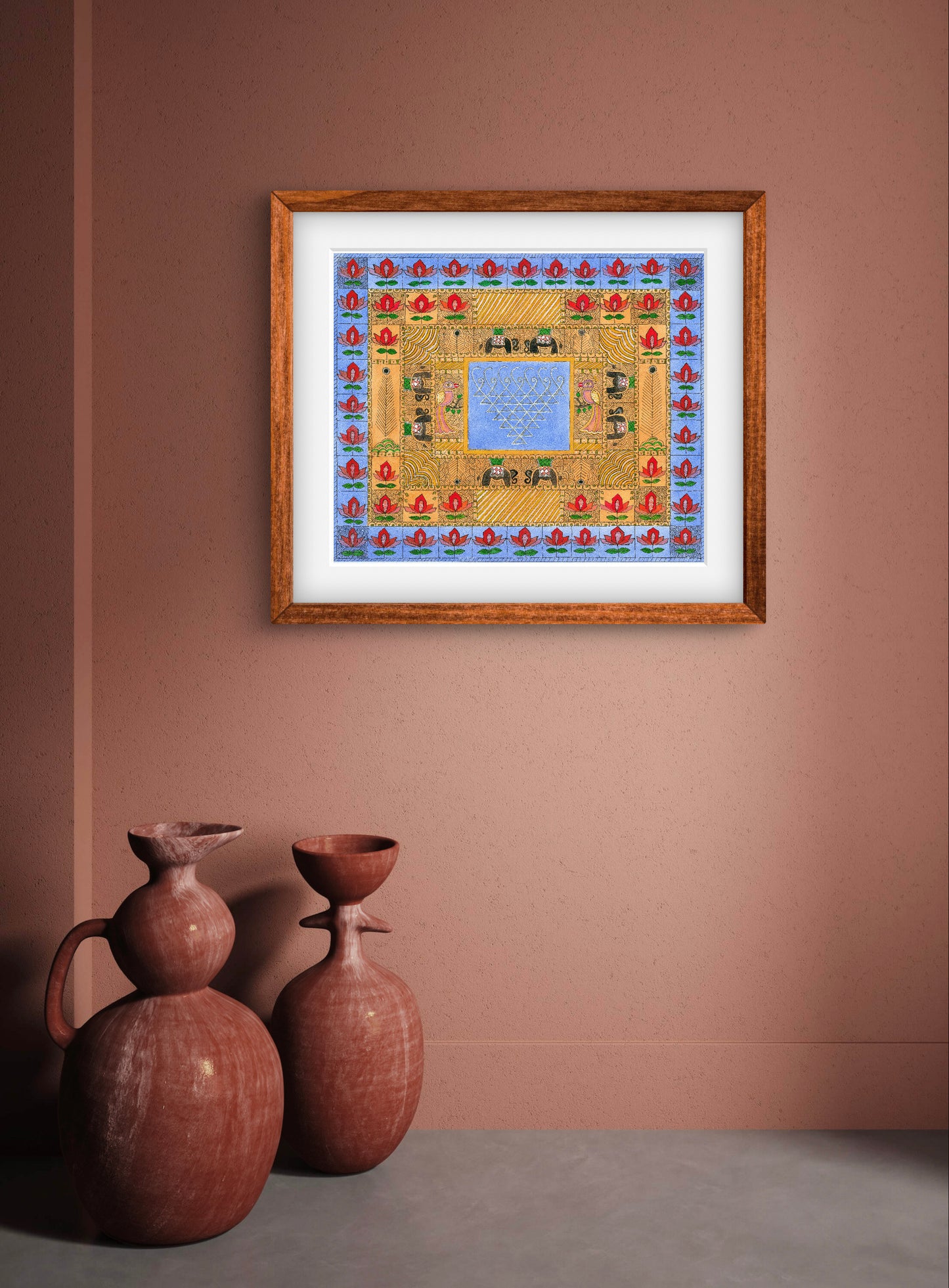 "Madhubani Godna with Saraswati Yantra - Traditional Indian Folk Art | ZenS Art"