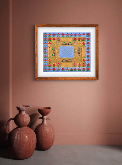 "Madhubani Godna with Saraswati Yantra - Traditional Indian Folk Art | ZenS Art"