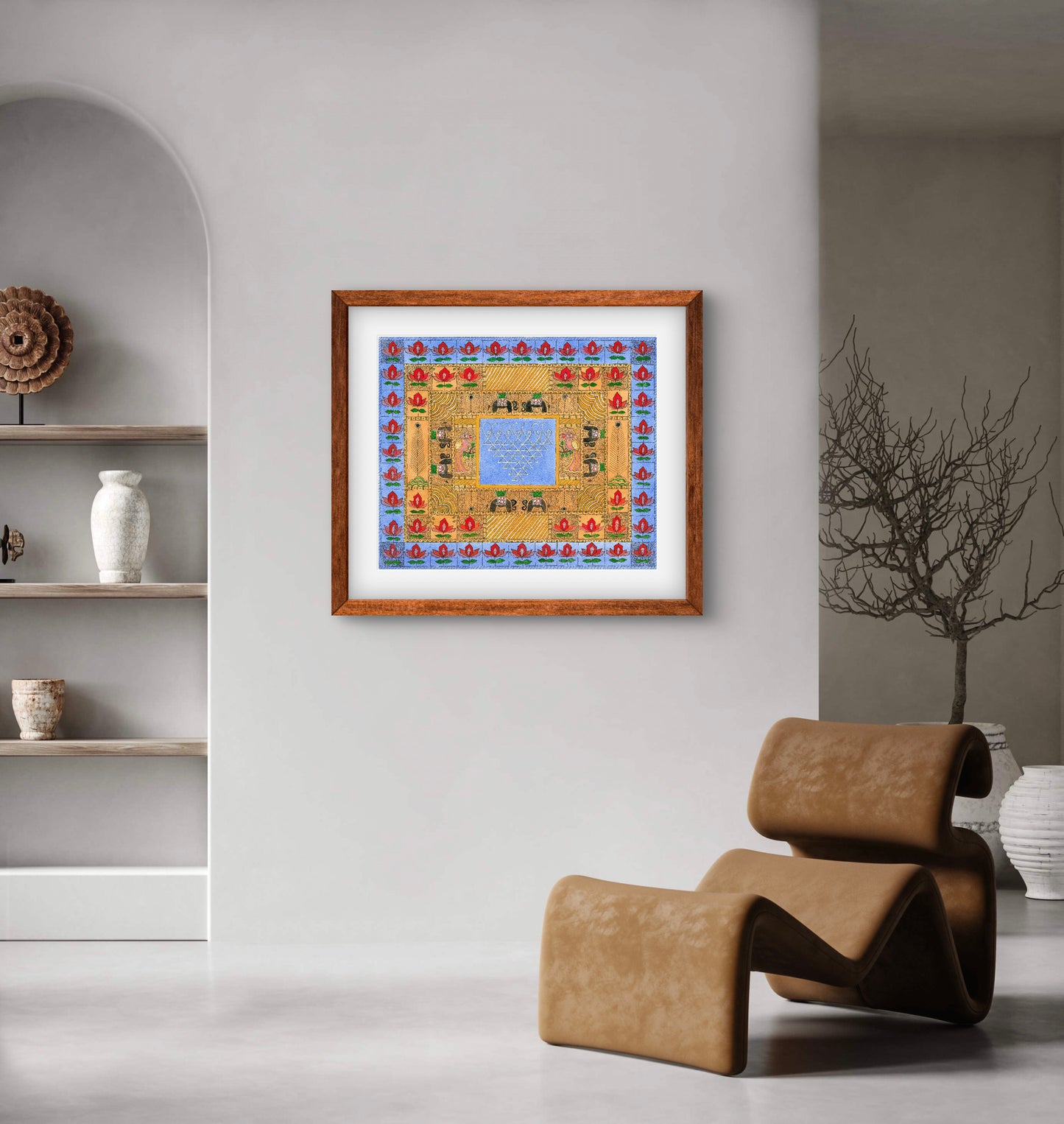 "Madhubani Godna with Saraswati Yantra - Traditional Indian Folk Art | ZenS Art"