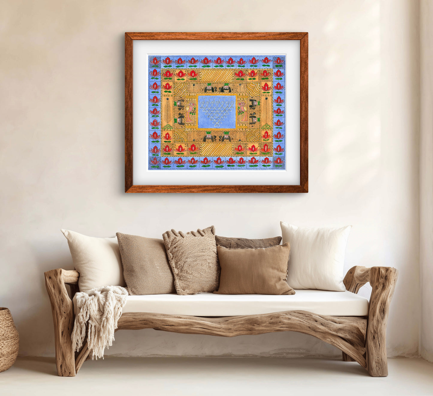 "Madhubani Godna with Saraswati Yantra - Traditional Indian Folk Art | ZenS Art"